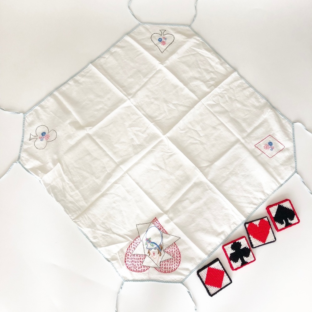 VTG Set Card Table Cover w Ties Hand Embroidered, Handmade Coasters Poker Bridge